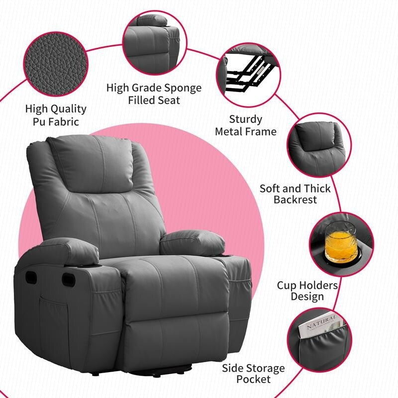 Fauteuil inclinable massant et releveur Mixoy pour personnes âgées, chauffant, positions infinies, poche latérale, porte-gobelets, port de charge USB