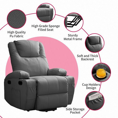 Fauteuil inclinable massant et releveur Mixoy pour personnes âgées, chauffant, positions infinies, poche latérale, porte-gobelets, port de charge USB