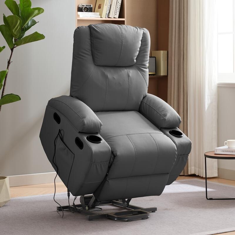 Fauteuil inclinable massant et releveur Mixoy pour personnes âgées, chauffant, positions infinies, poche latérale, porte-gobelets, port de charge USB