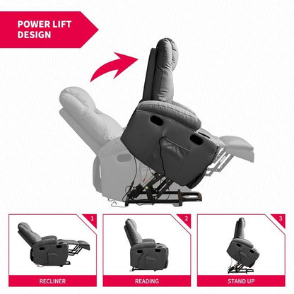 Fauteuil inclinable massant et releveur Mixoy pour personnes âgées, chauffant, positions infinies, poche latérale, porte-gobelets, port de charge USB