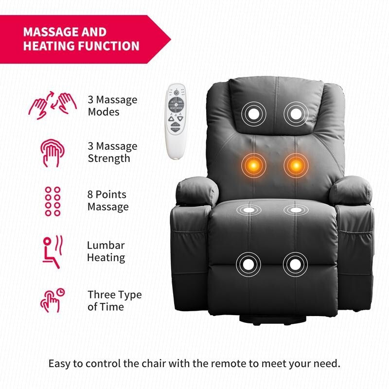 Fauteuil inclinable massant et releveur Mixoy pour personnes âgées, chauffant, positions infinies, poche latérale, porte-gobelets, port de charge USB
