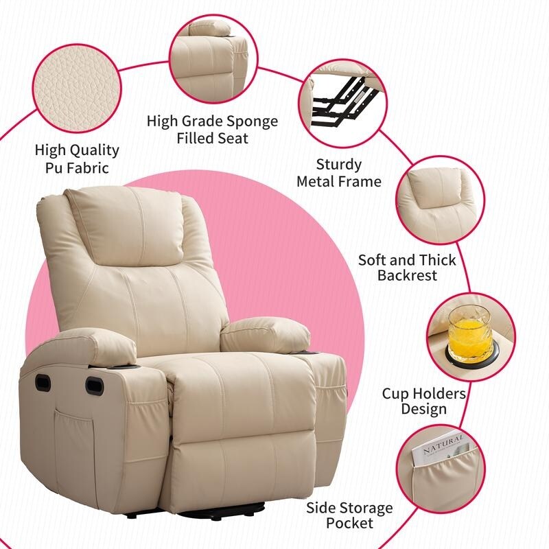 Fauteuil inclinable massant et releveur Mixoy pour personnes âgées, chauffant, positions infinies, poche latérale, porte-gobelets, port de charge USB