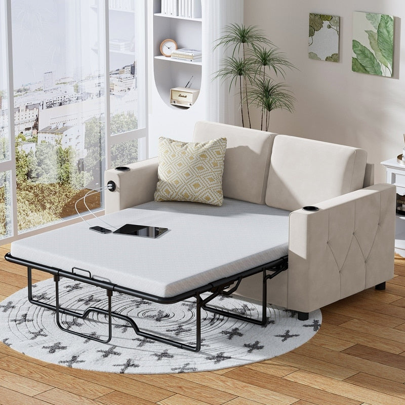 Canapé-lit gigogne Mixoy, canapé-lit avec matelas en mousse à mémoire de forme, porte-gobelet, USB, canapé-lit gigogne