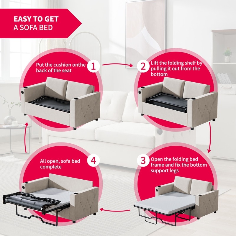 Canapé-lit gigogne Mixoy, canapé-lit avec matelas en mousse à mémoire de forme, porte-gobelet, USB, canapé-lit gigogne