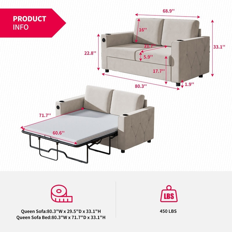 Canapé-lit gigogne Mixoy, canapé-lit avec matelas en mousse à mémoire de forme, porte-gobelet, USB, canapé-lit gigogne