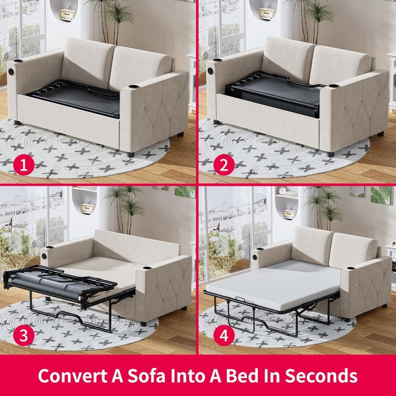 Canapé-lit gigogne Mixoy, canapé-lit avec matelas en mousse à mémoire de forme, porte-gobelet, USB, canapé-lit gigogne