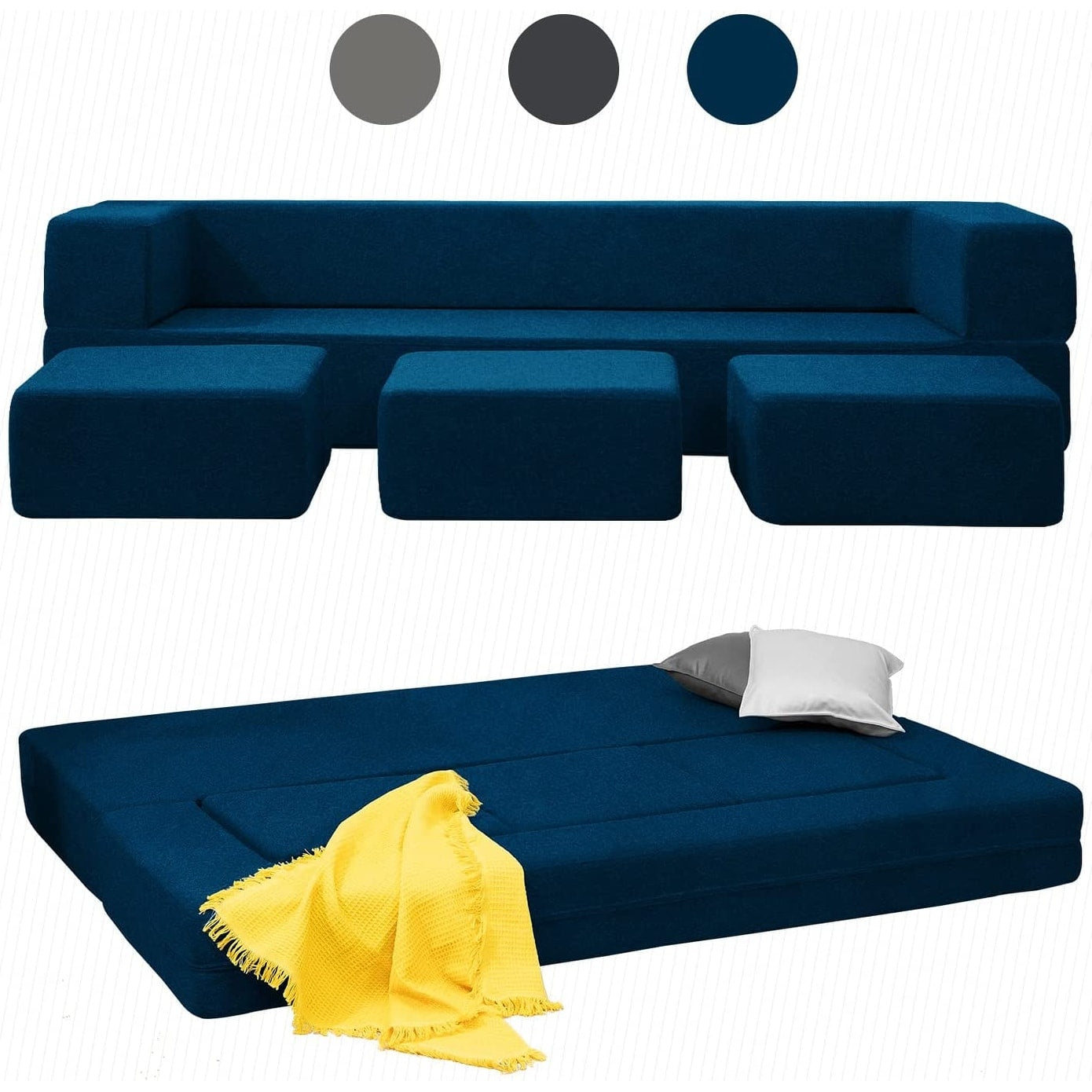 Canapé-lit futon convertible en velours Mixoy Queen avec 3 poufs, mousse à mémoire de forme, matelas pliable