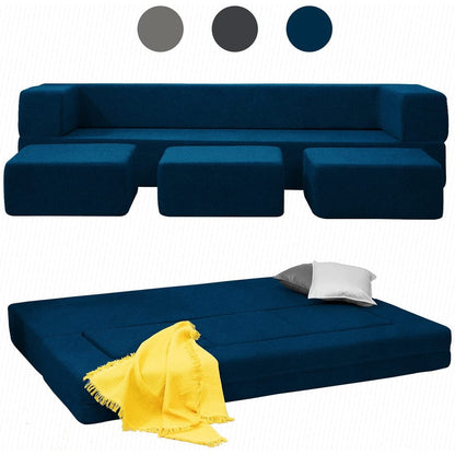 Canapé-lit futon convertible en velours Mixoy Queen avec 3 poufs, mousse à mémoire de forme, matelas pliable
