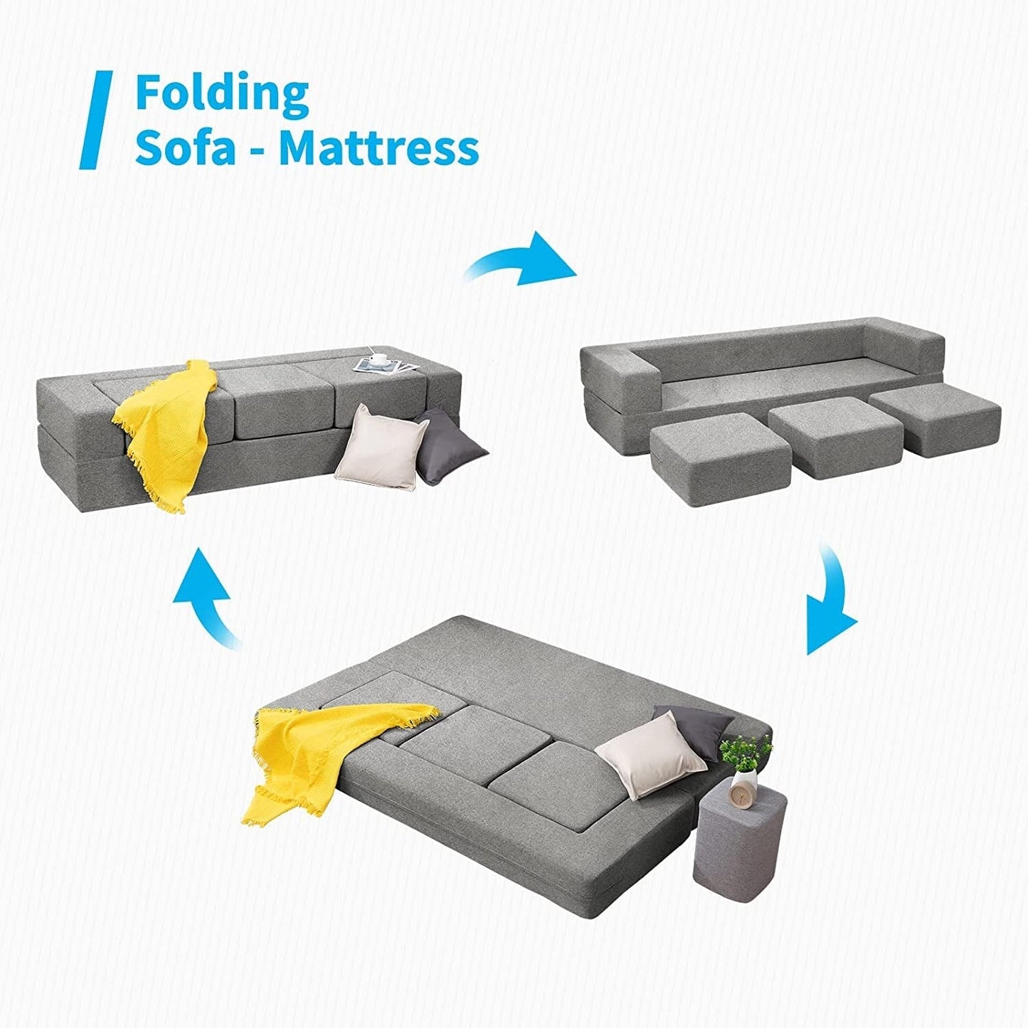 Canapé-lit futon convertible en velours Mixoy Queen avec 3 poufs, mousse à mémoire de forme, matelas pliable