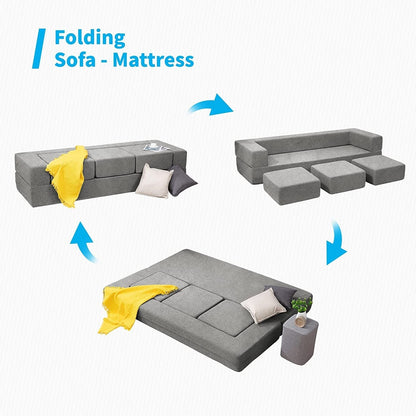 Canapé-lit futon convertible en velours Mixoy Queen avec 3 poufs, mousse à mémoire de forme, matelas pliable