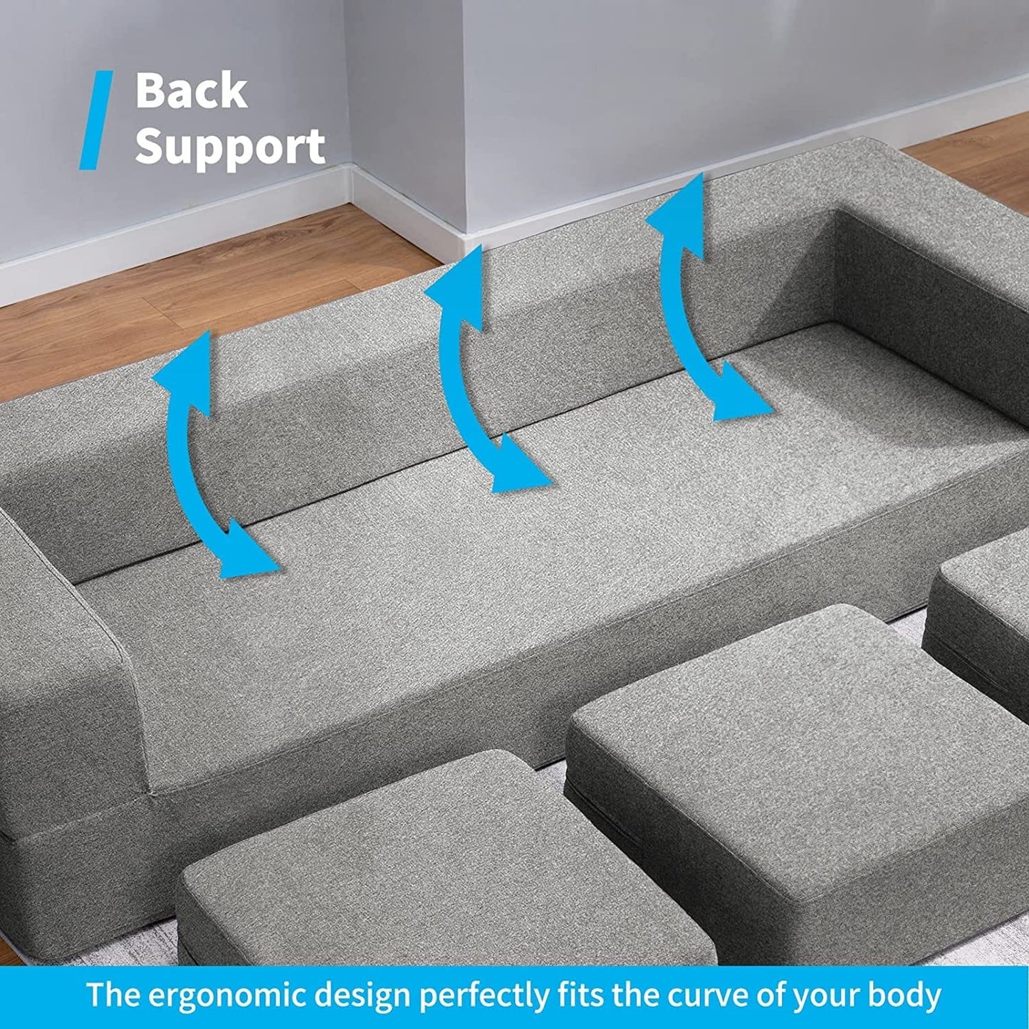 Canapé-lit futon convertible en velours Mixoy Queen avec 3 poufs, mousse à mémoire de forme, matelas pliable