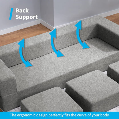 Canapé-lit futon convertible en velours Mixoy Queen avec 3 poufs, mousse à mémoire de forme, matelas pliable