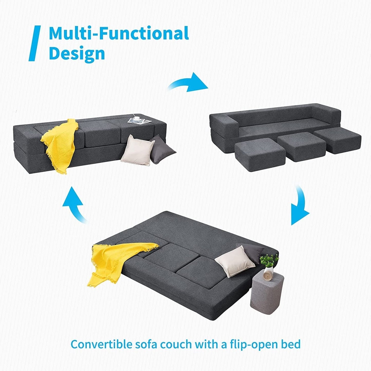Canapé-lit futon convertible en velours Mixoy Queen avec 3 poufs, mousse à mémoire de forme, matelas pliable