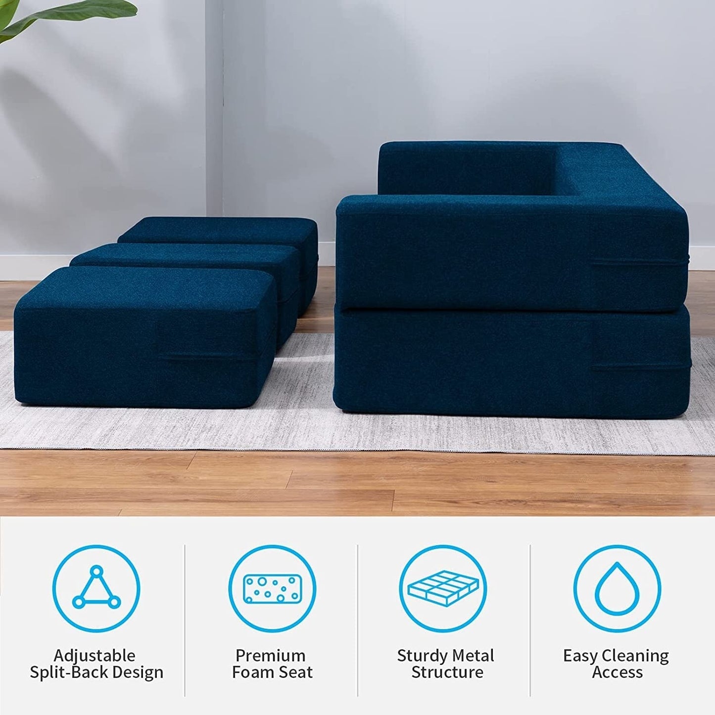 Canapé-lit futon convertible en velours Mixoy Queen avec 3 poufs, mousse à mémoire de forme, matelas pliable