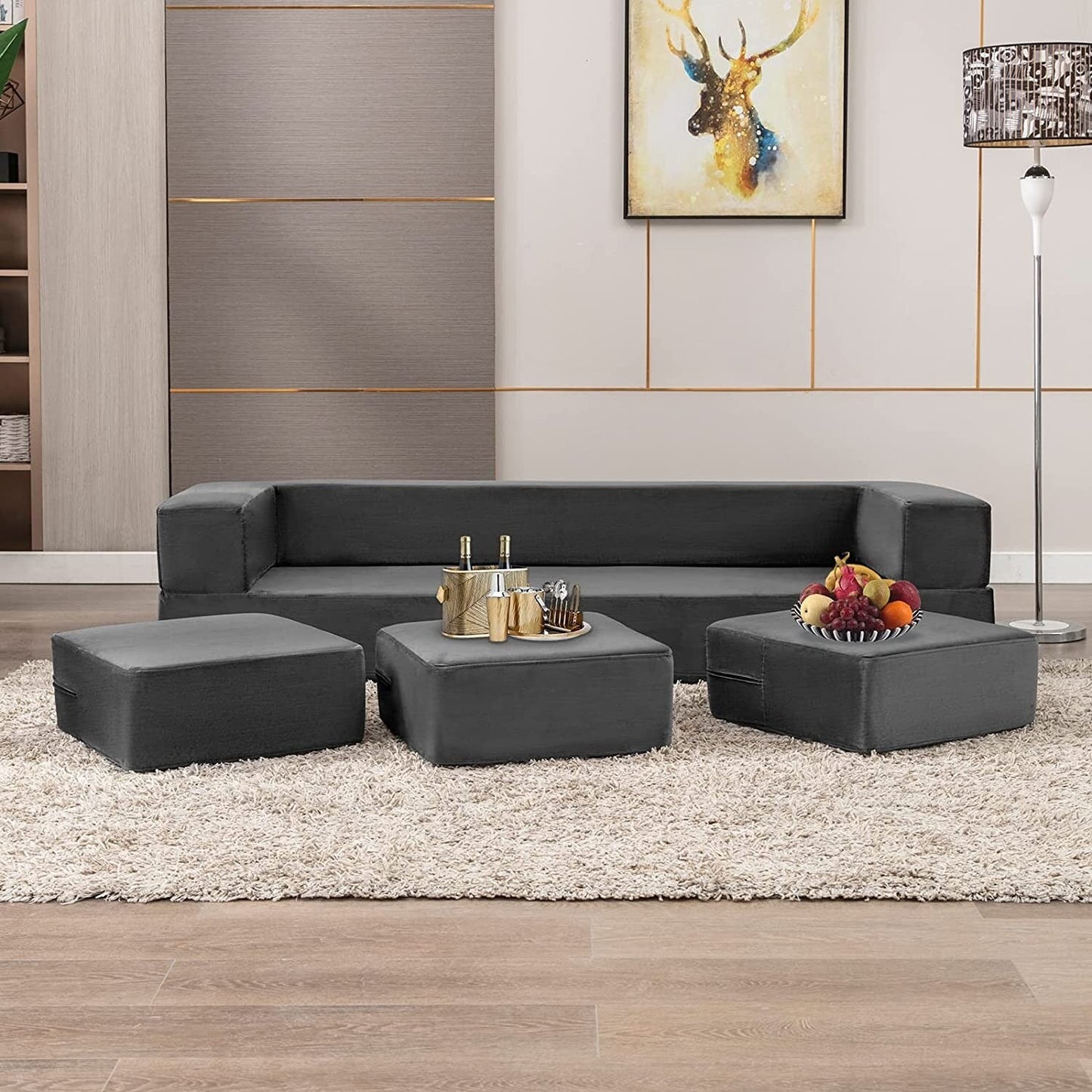 Canapé-lit futon convertible en velours Mixoy Queen avec 3 poufs, mousse à mémoire de forme, matelas pliable