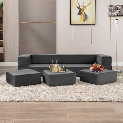 Canapé-lit futon convertible en velours Mixoy Queen avec 3 poufs, mousse à mémoire de forme, matelas pliable