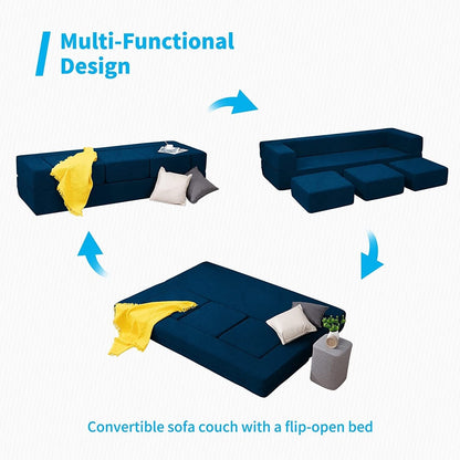 Canapé-lit futon convertible en velours Mixoy Queen avec 3 poufs, mousse à mémoire de forme, matelas pliable