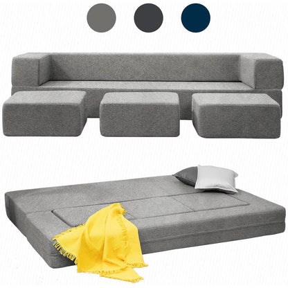 Canapé-lit futon convertible en velours Mixoy Queen avec 3 poufs, mousse à mémoire de forme, matelas pliable
