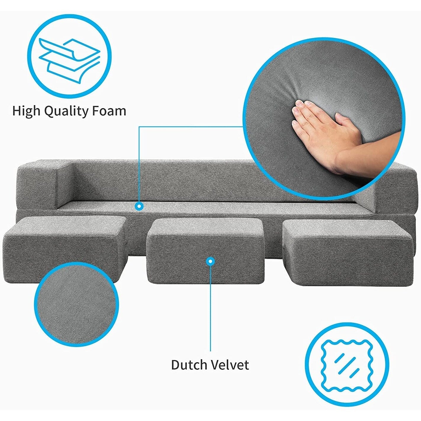 Canapé-lit futon convertible en velours Mixoy Queen avec 3 poufs, mousse à mémoire de forme, matelas pliable