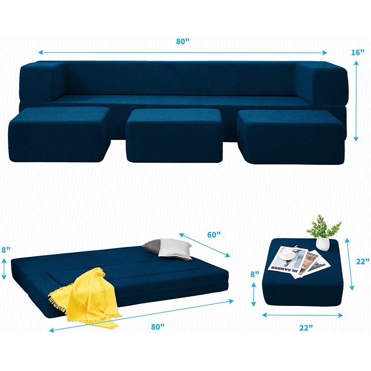 Canapé-lit futon convertible en velours Mixoy Queen avec 3 poufs, mousse à mémoire de forme, matelas pliable