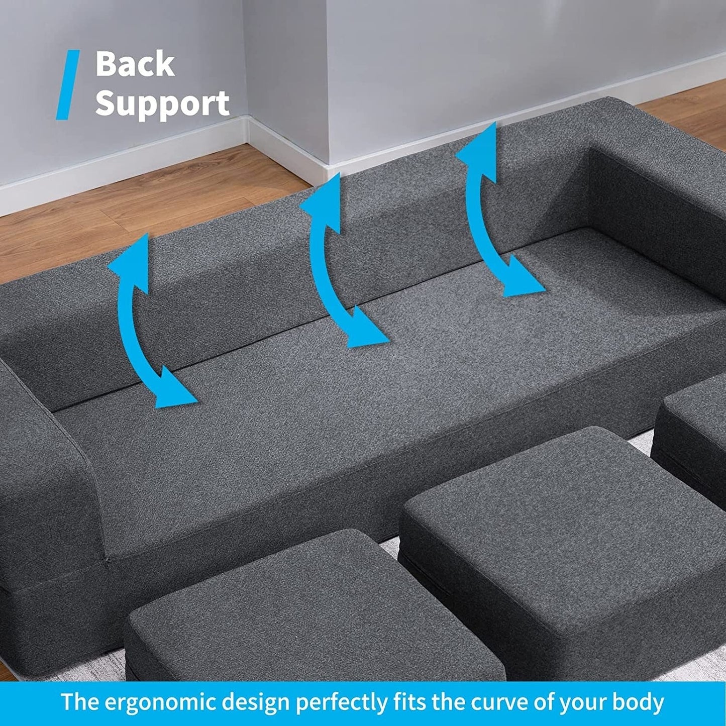 Canapé-lit futon convertible en velours Mixoy Queen avec 3 poufs, mousse à mémoire de forme, matelas pliable