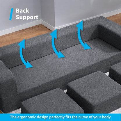 Canapé-lit futon convertible en velours Mixoy Queen avec 3 poufs, mousse à mémoire de forme, matelas pliable