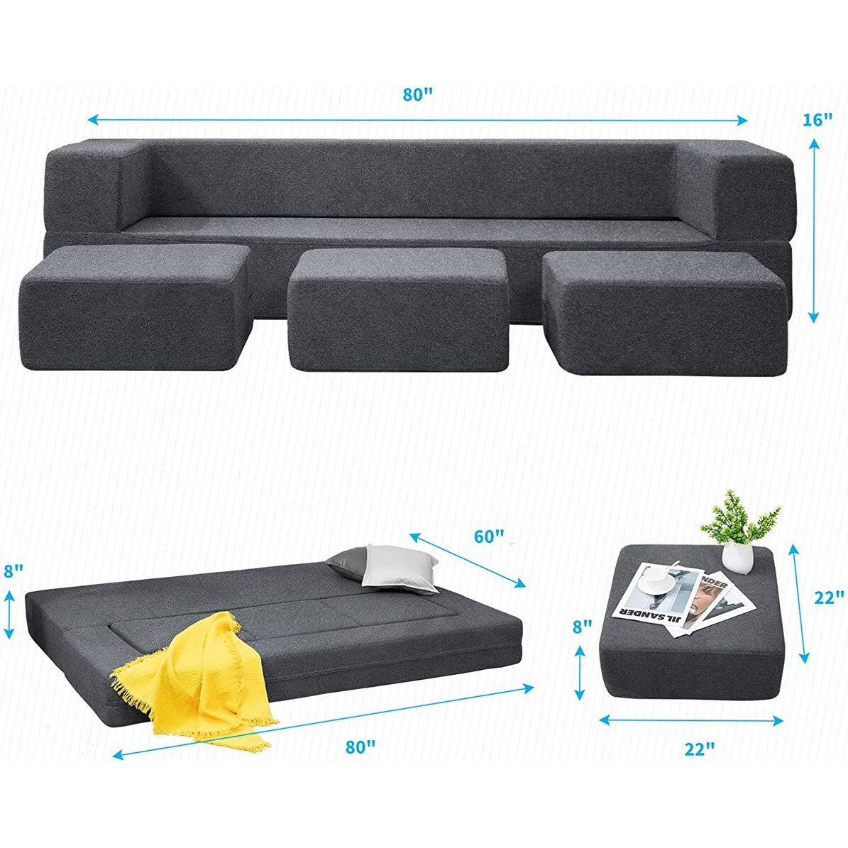 Canapé-lit futon convertible en velours Mixoy Queen avec 3 poufs, mousse à mémoire de forme, matelas pliable
