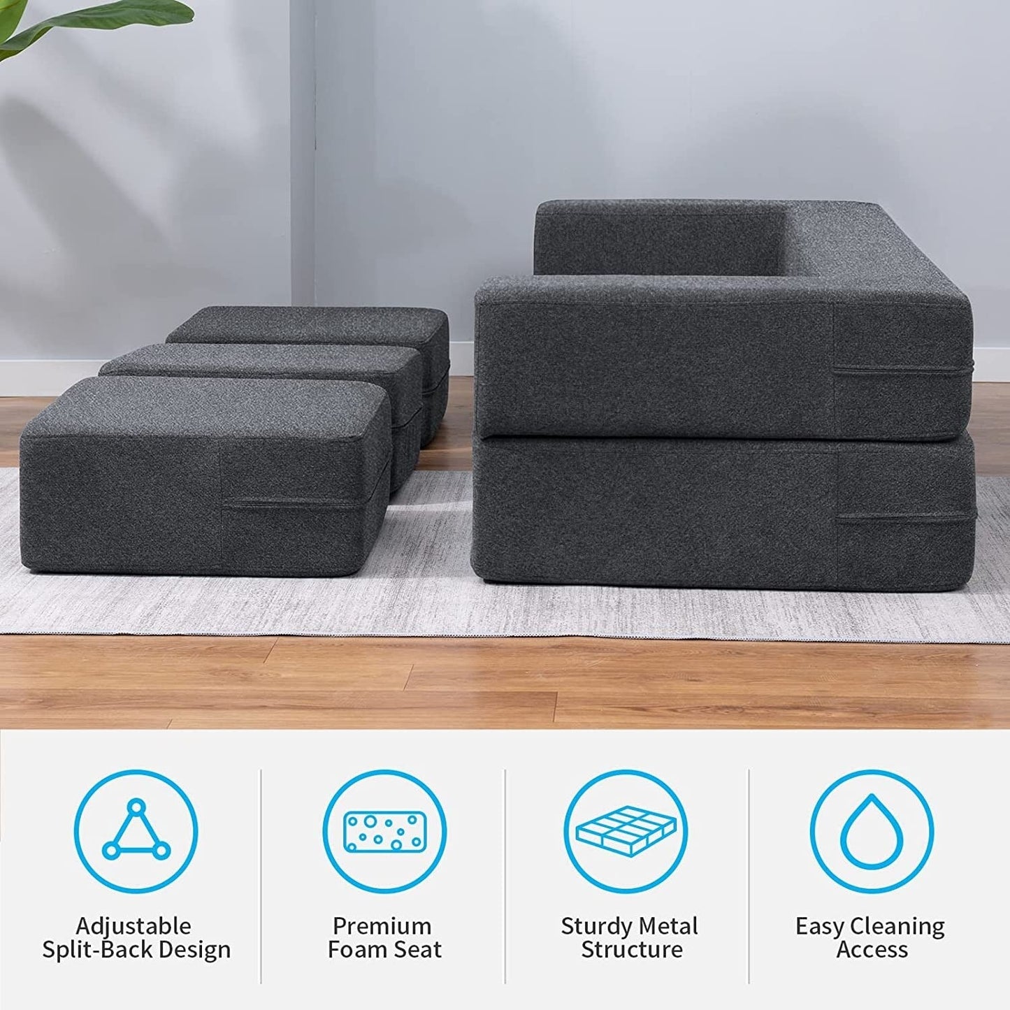 Canapé-lit futon convertible en velours Mixoy Queen avec 3 poufs, mousse à mémoire de forme, matelas pliable
