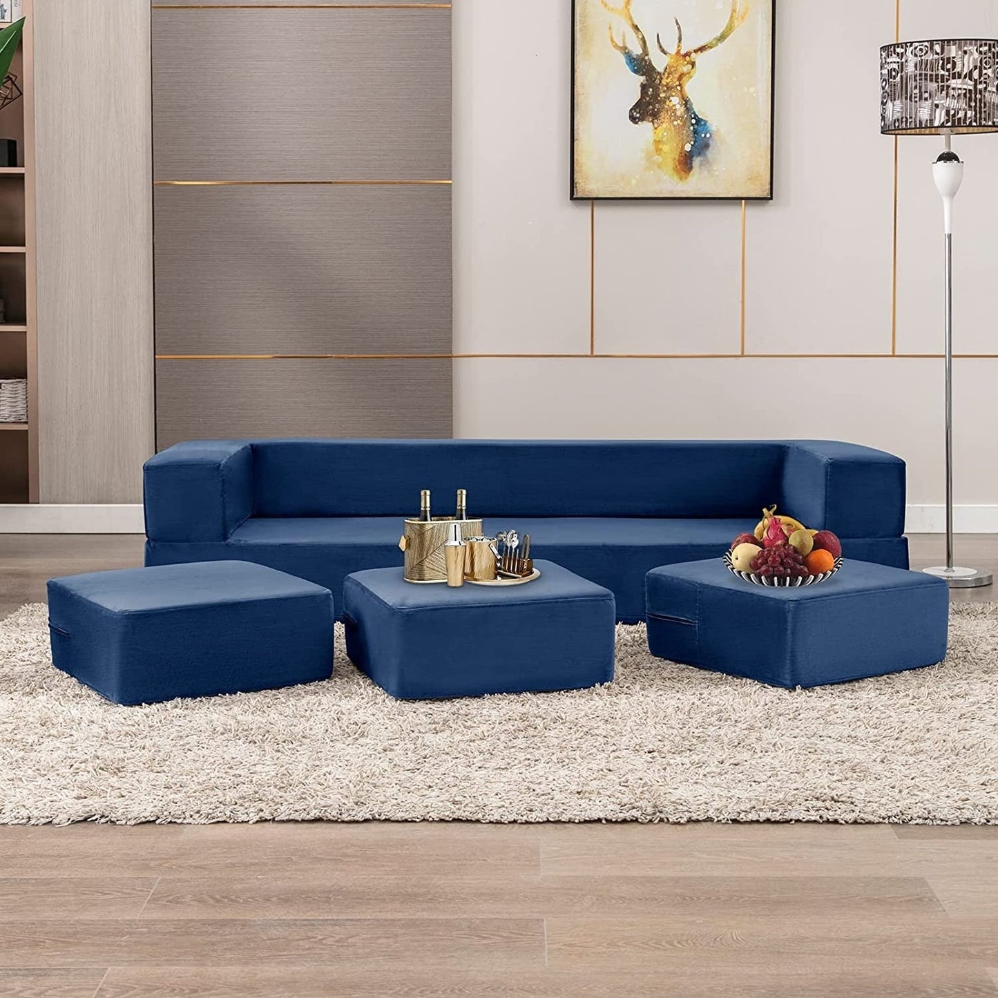 Canapé-lit futon convertible en velours Mixoy Queen avec 3 poufs, mousse à mémoire de forme, matelas pliable