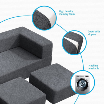 Canapé-lit futon convertible en velours Mixoy Queen avec 3 poufs, mousse à mémoire de forme, matelas pliable