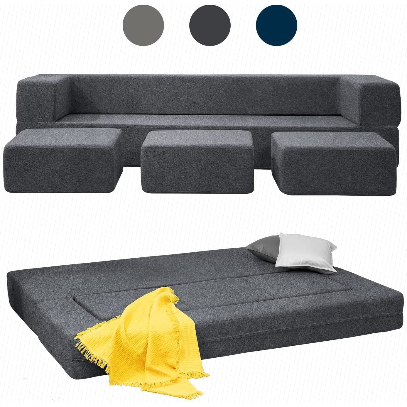Canapé-lit futon convertible en velours Mixoy Queen avec 3 poufs, mousse à mémoire de forme, matelas pliable