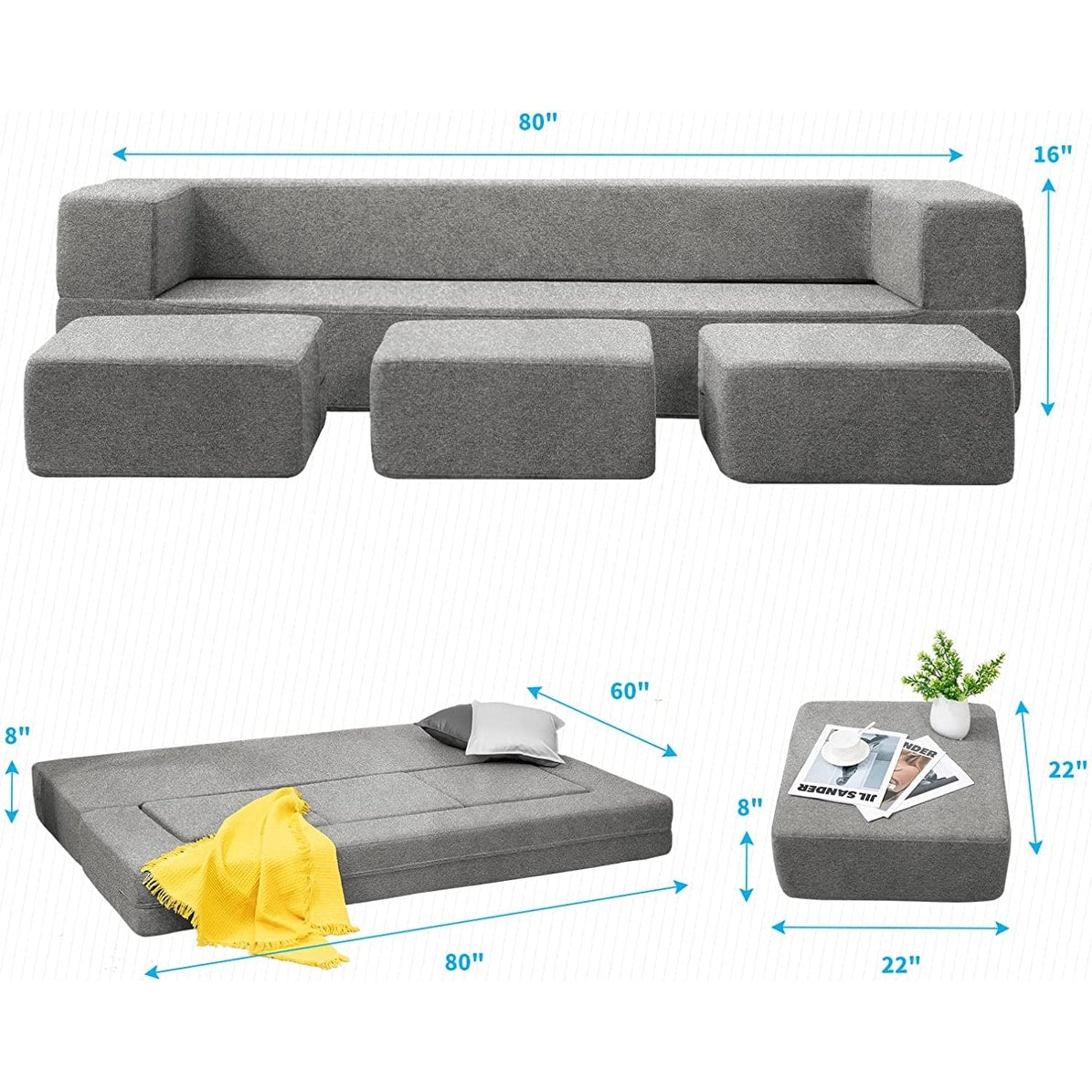 Canapé-lit futon convertible en velours Mixoy Queen avec 3 poufs, mousse à mémoire de forme, matelas pliable