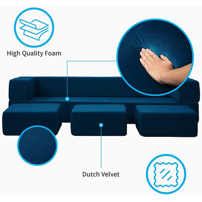 Canapé-lit futon convertible en velours Mixoy Queen avec 3 poufs, mousse à mémoire de forme, matelas pliable