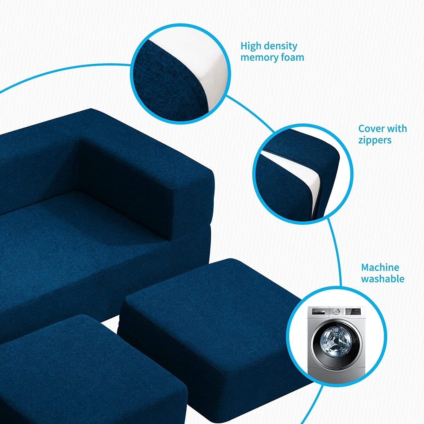 Canapé-lit futon convertible en velours Mixoy Queen avec 3 poufs, mousse à mémoire de forme, matelas pliable