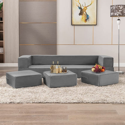 Canapé-lit futon convertible en velours Mixoy Queen avec 3 poufs, mousse à mémoire de forme, matelas pliable