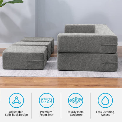 Canapé-lit futon convertible en velours Mixoy Queen avec 3 poufs, mousse à mémoire de forme, matelas pliable