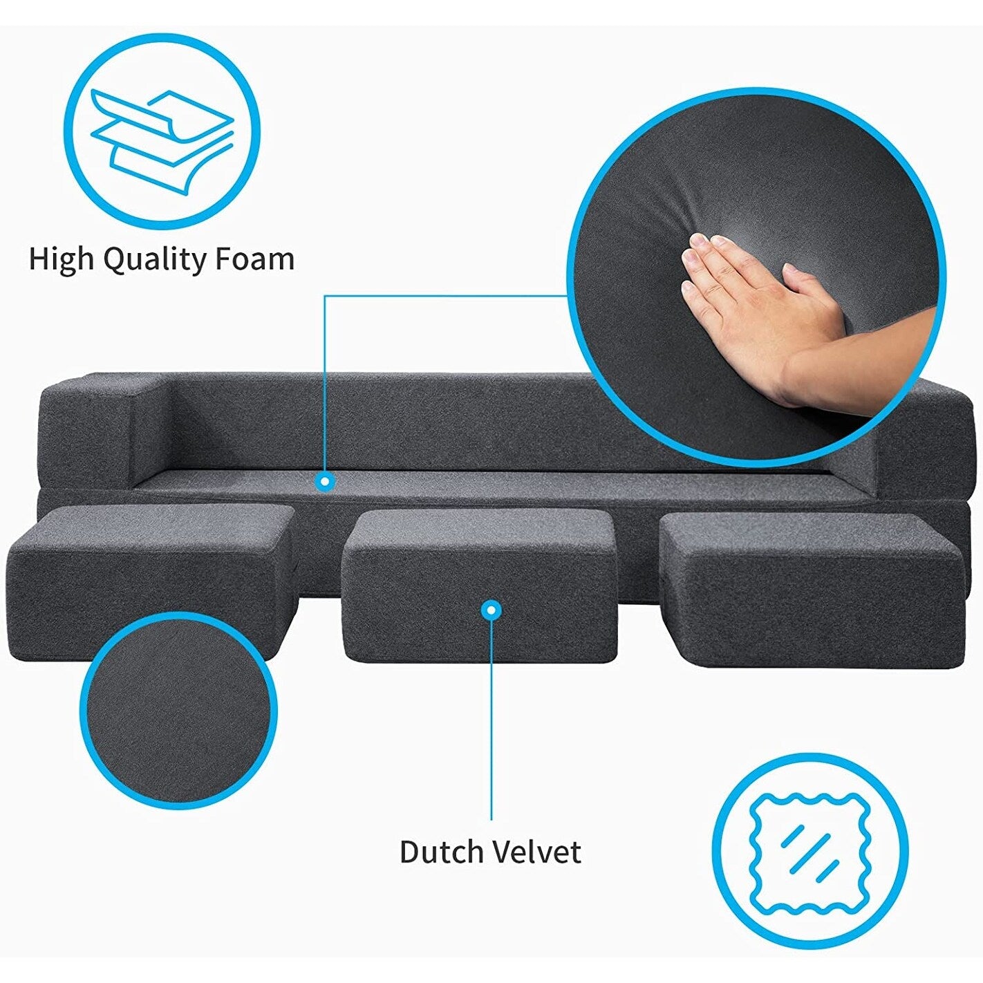 Canapé-lit futon convertible en velours Mixoy Queen avec 3 poufs, mousse à mémoire de forme, matelas pliable