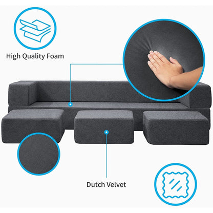 Canapé-lit futon convertible en velours Mixoy Queen avec 3 poufs, mousse à mémoire de forme, matelas pliable