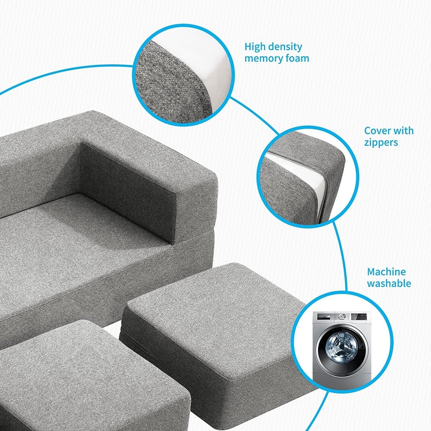 Canapé-lit futon convertible en velours Mixoy Queen avec 3 poufs, mousse à mémoire de forme, matelas pliable