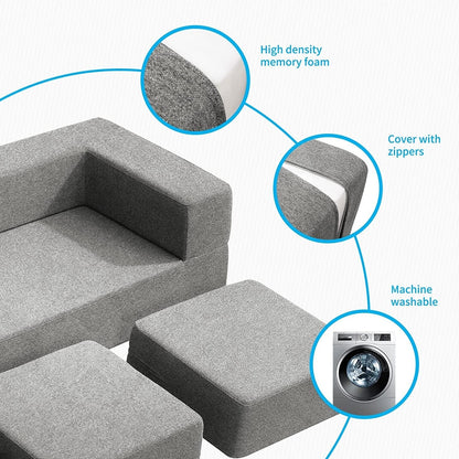 Canapé-lit futon convertible en velours Mixoy Queen avec 3 poufs, mousse à mémoire de forme, matelas pliable