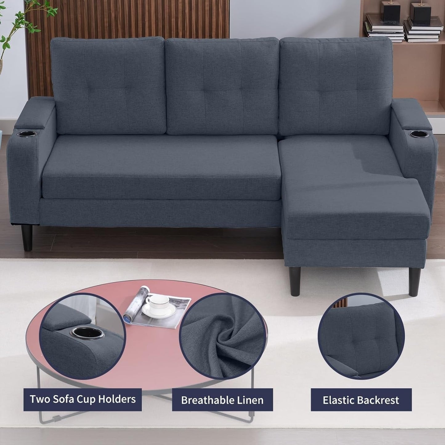 Canapé-lit sectionnel gigogne Mixoy, canapé convertible avec rangement, porte-gobelets, canapé-lit réversible