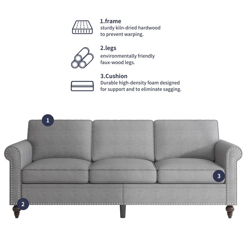 Canapé 3 places Mixoy W76'' en lin doux moderne avec motif rivet pour salon