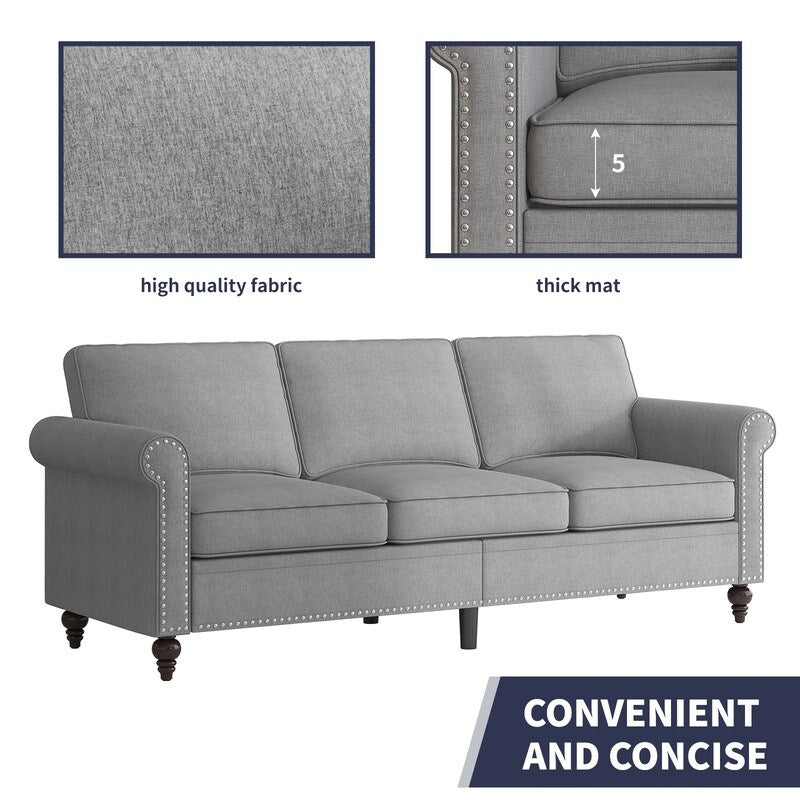 Canapé 3 places Mixoy W76'' en lin doux moderne avec motif rivet pour salon