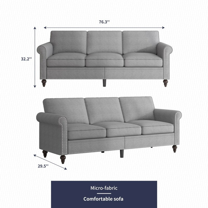 Canapé 3 places Mixoy W76'' en lin doux moderne avec motif rivet pour salon