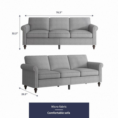 Canapé 3 places Mixoy W76'' en lin doux moderne avec motif rivet pour salon