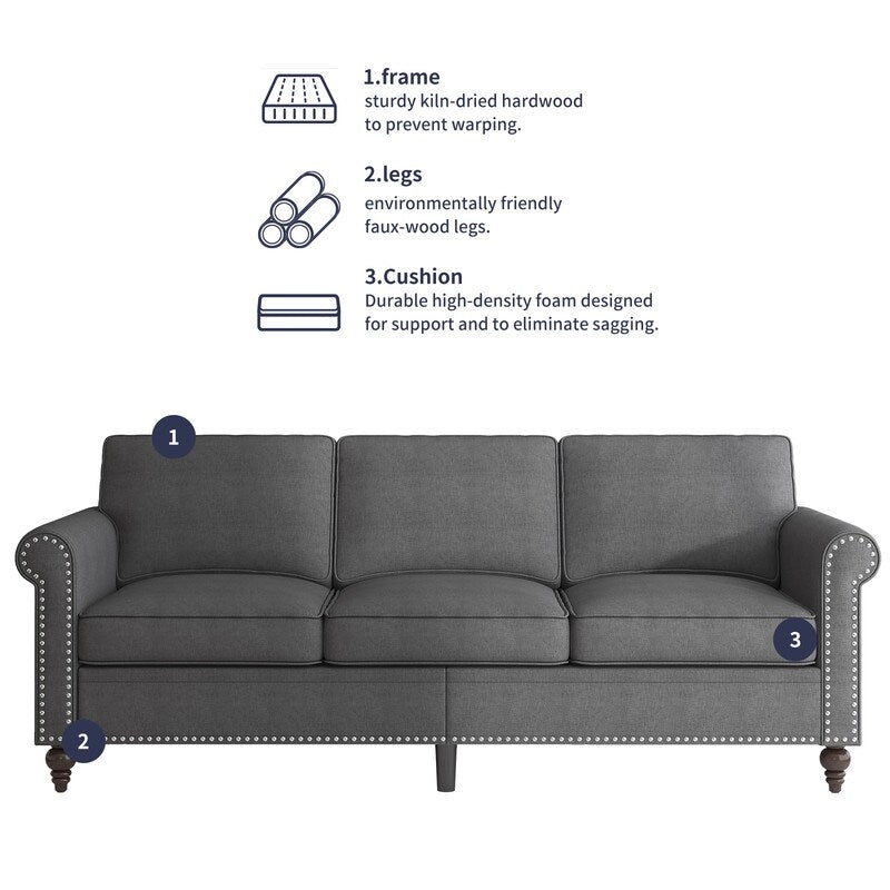 Canapé 3 places Mixoy W76'' en lin doux moderne avec motif rivet pour salon