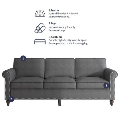 Canapé 3 places Mixoy W76'' en lin doux moderne avec motif rivet pour salon