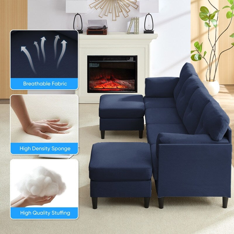 Canapé sectionnel Mixoy W87 en U, canapé convertible 4 places en velours avec poufs de rangement amovibles