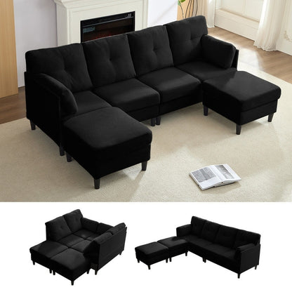 Canapé sectionnel Mixoy W87 en U, canapé convertible 4 places en velours avec poufs de rangement amovibles