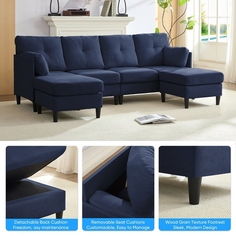 Canapé sectionnel Mixoy W87 en U, canapé convertible 4 places en velours avec poufs de rangement amovibles